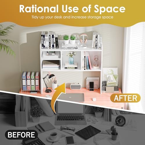 SUPER DEAL Desktop Bookshelf, Countertop Storage Hutch with 4 Shelves for Computer Desk, 2-Tier Display Rack, Multipurpose Wood Desk Hutch Storage Organizer for Home Office Dorm, White - Image 6