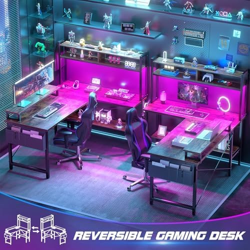 Aheaplus L Shaped Gaming Desk with Power Outlets & LED Lights, Rustic Brown - Image 7