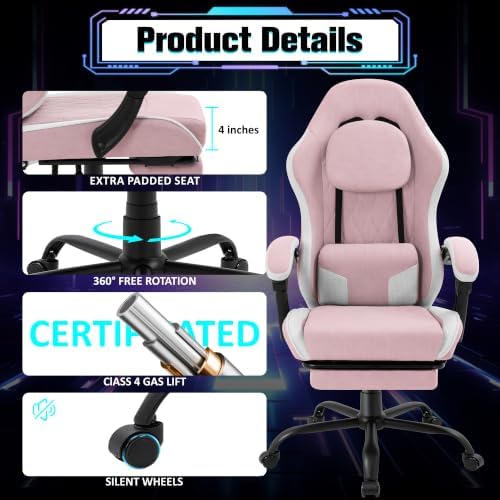 Gaming Chair with Footrest, Ergonomic Fabric Desk Chair, Pink - Image 6
