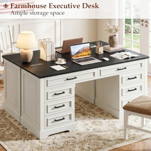 Vabches Farmhouse Executive Desk with Charging Station, White and Brown - Image 7
