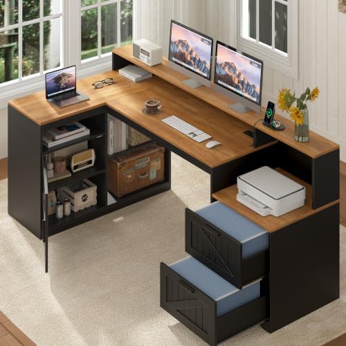 65" Farmhouse Computer Desk with Drawers and Printer Stand for Home Office - Image 7