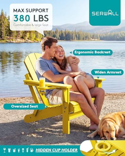 SERWALL Folding Adirondack Chair with Cup Holder, Fire Pit Chairs - Yellow - Image 6