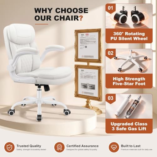 Leather Office Chair, White Computer Desk Chair with Dual Back Support - Image 7