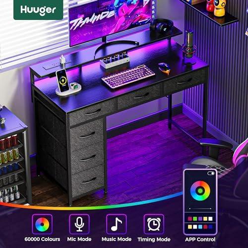 Huuger Gaming Desk with 6 Drawers, Computer Desk with LED Lights Power Outlets and Type-C, 39 Inch Office Desk with Storage, Monitor Stand, Writing Desk Work Desk Home Office, Bedroom, Black, 1CD100B - Image 6