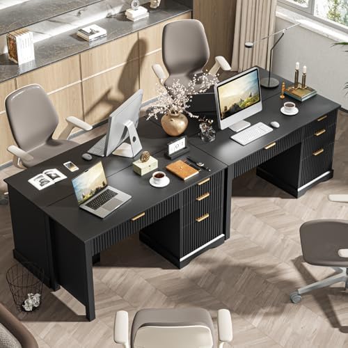 Vabches Fluted Executive Desk with Drawers, Wood Computer Desk with Ample File Drawer, Home Office Desk with Storage for Study, Bedroom, Living Room, Black - Image 6
