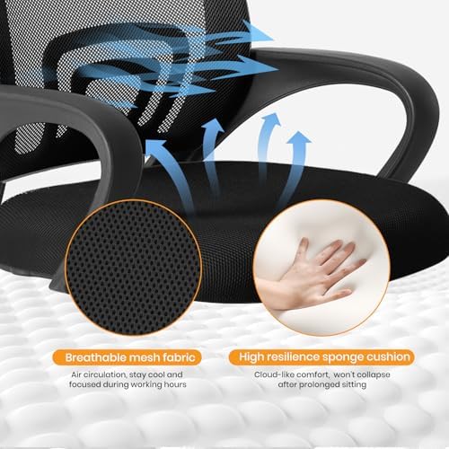 OLIXIS Office Desk Chair - Ergonomic Mid Back with Lumbar Support & Rocking Mode, Height Adjustable with Fixed Armrest, Storage Back for Computer, Gaming, Conference, Meeting, 360° Swivel, Black - Image 6