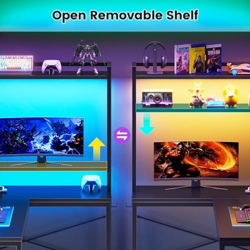 SEDETA L Shaped Gaming Desk, Reversible 45.3” Small Corner Desk with Power Outlet and LED Lights, Corner Gaming Desk with Storage Shelves, Hooks for Small Space, Black - Image 6