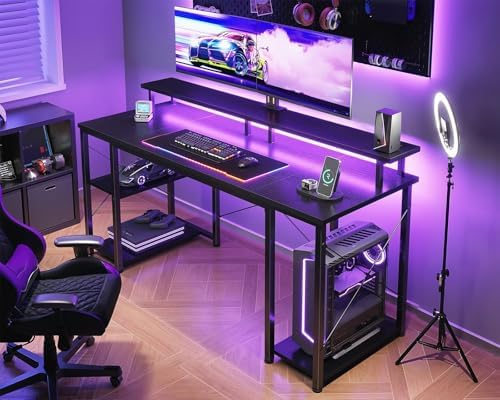 ODK 55 Inch Gaming Desk with LED Lights & Storage Shelves, Black - Image 6