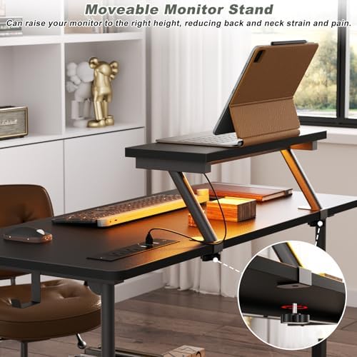 Height Adjustable Standing Desk with Power Outlets and LED Lights - 32" Manual Stand Up Desk with Monitor Stand and Storage Shelves Small Mobile Rolling Computer Desk Portable Laptop Table, Black - Image 7