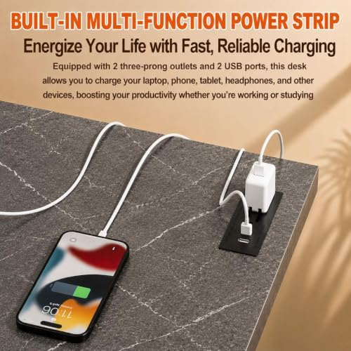 Folding Table Computer Desk - 43.3" No Assembly Folding Desk with Power Outlets & USB Charging Port, Small Desk, Foldable Office Desk, Compact Storage Portable Use for Small Space, Marble Greige - Image 6
