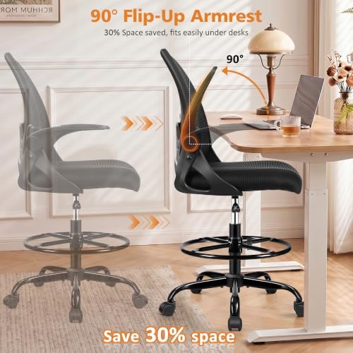 Drafting Chair Tall Office Chair with Flip-up Armrests, Adjustable Height, and Enhanced Lumbar Support - Ergonomic Rolling Stool, Back Support, and Adjustable Foot Rest Ring for Standing Desk Black - Image 6