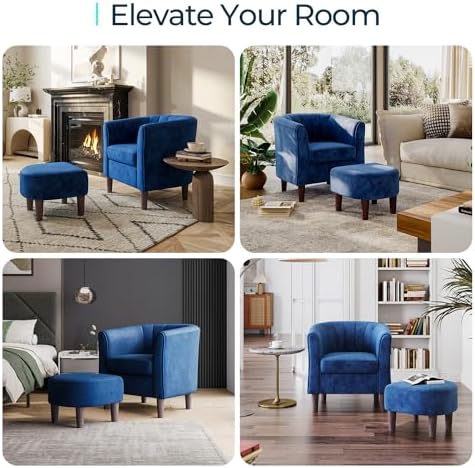 LINSY Accent Chair with Ottoman, Modern Barrel Chair Small Armchair Reading Chair with Footrest, Comfy Round Arms Chair for Living Room Bedroom Reading Room, Velvet, Blue - Image 6