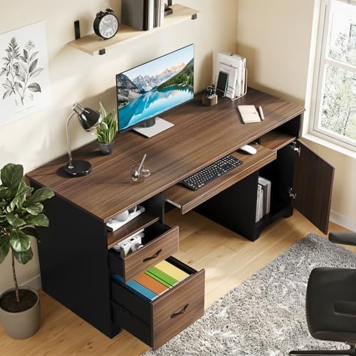 Bestier 59" Office Desk with File Drawer, Keyboard Tray & 2 Drawers, Cherry - Image 6