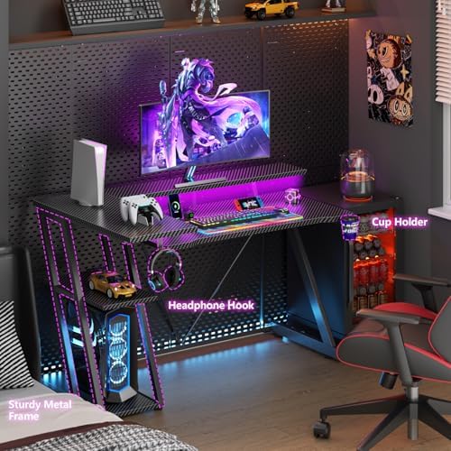 Korfile 47 Inch Gaming Desk with Power Outlet & LED Lights, Corner Computer Desk with 3 Tiers Storage Shelves, Home Office Desk with Monitor Stand for Small Space, Carbon Fiber Black - Image 6