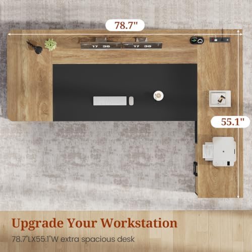 UPOSOJA 78.7" Executive Desk, Large Office Desk with Drawers & Storage Shelves, Modern L Shaped Computer Desk Corner Desk with Power Outlets, File Cabinet, Business Furniture Desk Workstation (Oak) - Image 7