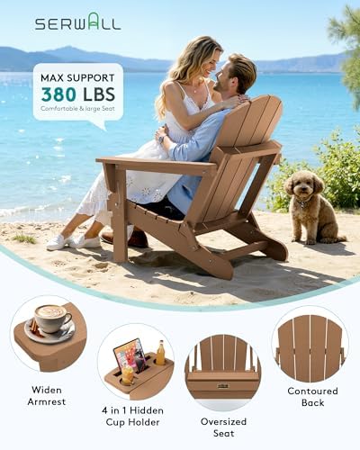 SERWALL Folding Adirondack Chair with Cup Holder, Outdoor Patio Chair, Brown, Set of 4 - Image 6