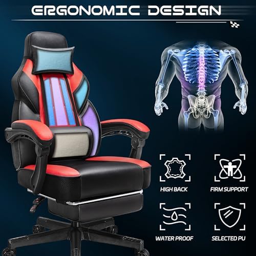 Gaming Chair with Footrest, Video Game Chair for Adults, Big and Tall Computer Chair with Massage Lumbar Support 330lb Weight Capacity, Ergonomic Adjustable Height and 360° Swivel Seat (Red) - Image 6