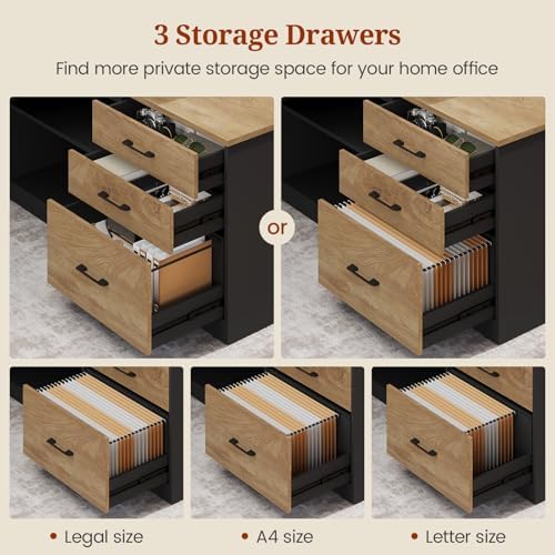 UPOSOJA 71" Executive Desk, Large Office Desk with Drawers & Storage Shelves, Modern L Shaped Computer Desk Corner Desk with Power Outlets, File Cabinet, Business Furniture Desk Workstation (Oak) - Image 7