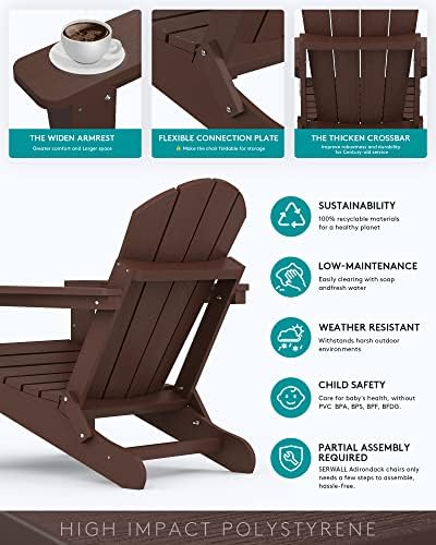 SERWALL Folding Adirondack Chair Set of 4 with Cup Holder, Fire Pit -Coffee - Image 6