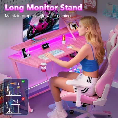 Korfile 47 Inch Pink Gaming Desk with LED Lights & Power Outlet, Gaming Computer Desk with Storage Shelves, L Shaped Gamer Workstations with Monitor Stand for Bedroom - Image 7