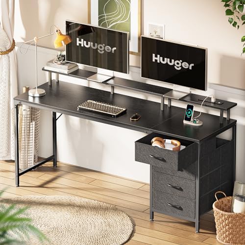 Huuger 63 Inch Computer Desk with Power Outlets and LED Lights, Gaming Desk with 4 Drawers, Office Desk with Monitor Stand, Study Desk Work Desk for Home Office, Black - Image 7