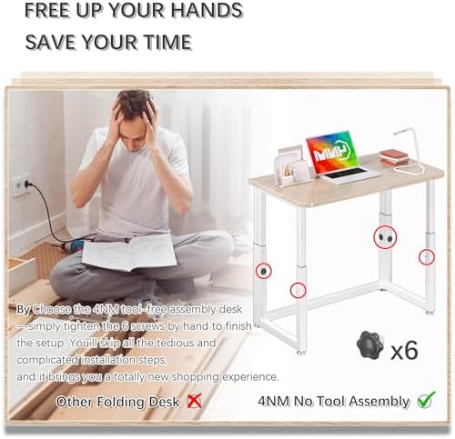 4NM No Tool Assembly 31.5" Small Desk, Folding Portable Desk with Wheels, Adjustable Height Foldable Computer Home Office Desks, Collapsible Study Writing Table for Space Saving Bedroom - Cloud Oak - Image 6