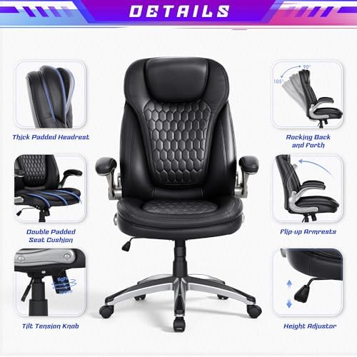 COLAMY High Back Executive Office Chair – Ergonomic PU Leather Desk Chair with Flip-Up Armrests,Height, Lumbar Support, Comfortable Computer Chair for Home Office – Black - Image 6