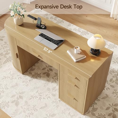 ONBRILL 58 Inch Fluted Executive Desk, Computer Desk with Storage Drawers & File Drawer, Modern Home Office Desk with Charging Station for Working, Studying, Writing, Oak - Image 7