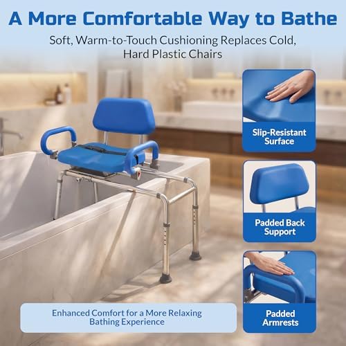 Platinum Health Carousel Sliding Shower Chair Tub Transfer Bench with Swivel Seat, Premium Padded, Pivoting Arms, Adjustable Space Saving Design for Tubs, Inside Shower, for Handicap & Seniors, Blue - Image 6