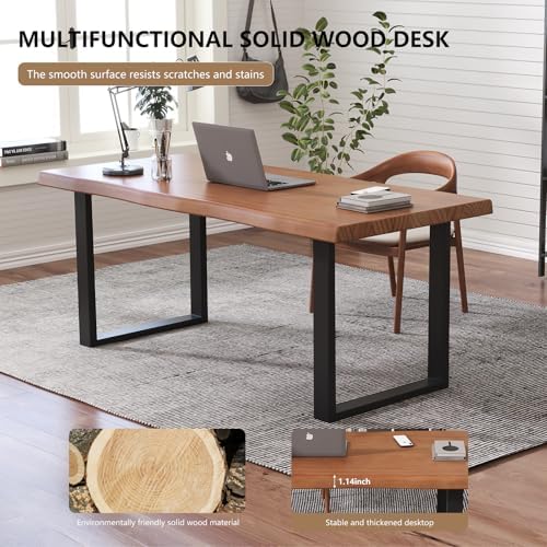 Solid Wood Office Desk, 47.24" Tan Executive Computer Desk with Heavy-Duty Metal Base, Multi-Purpose Desk/Dining Table, Ideal for Home Office & Work Environments - Image 6