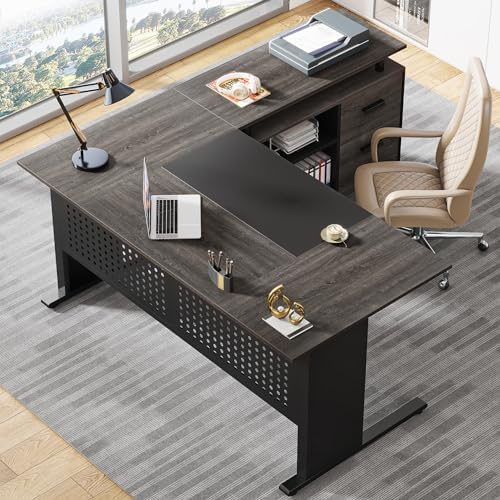 Tribesigns 63 Inch Executive Desk with File Cabinet, L Shaped Office Desk with Drawers and Storage Shelves, Business Furniture Set Workstation for Home Office, Gray and Black - Image 6