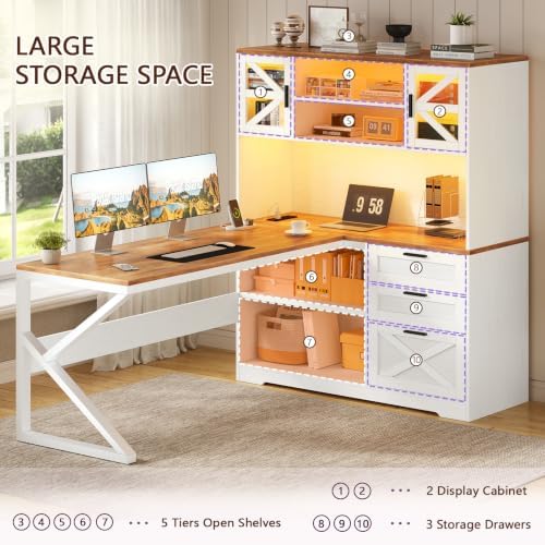 59" Farmhouse L Shaped Computer Desk with Drawers, Storage Cabinet, Outlet - Image 7