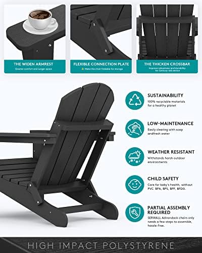 SERWALL Folding Adirondack Chair Set of 4, Fire Pit with Cup Holder -Black - Image 6