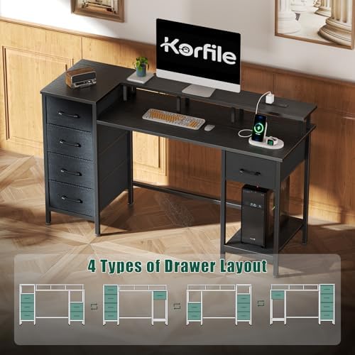 Korfile 55 Inch Gaming Computer Desk with Power Outlets,LED,5 Drawers,Black - Image 6