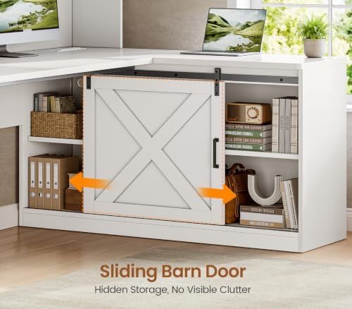 SEDETA Farmhouse 55” L Shaped Office Desk with Hutch, Drawers, Barn Door - Image 6