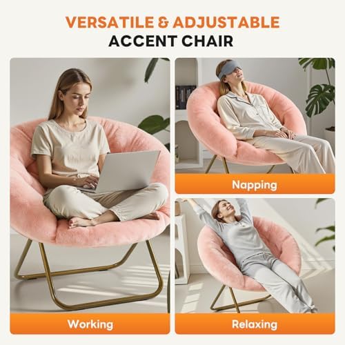 Sweetcrispy Saucer Chairs, Comfy Folding Cozy Faux Fur Living Room Reading Lounge Chair with Soft Thick Padded Seat & Metal Frame Modern Style Bedroom Home Dorm for Kids Adults, X-Large - Peach - Image 6