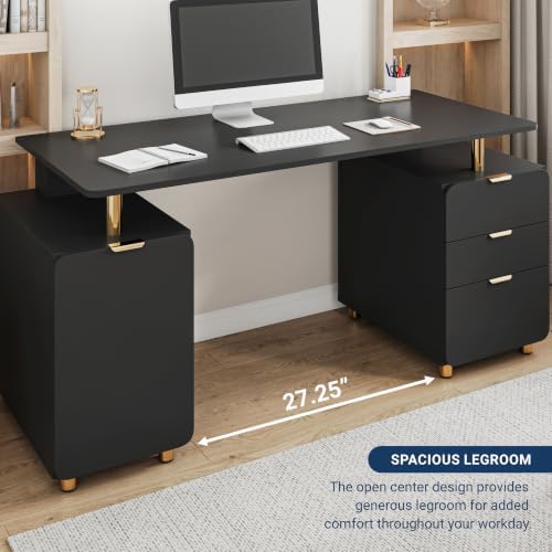 Techni Mobili 57"W Computer Desk w/ 3 Drawers & Storage Cabinet, Black/Gold - Image 6