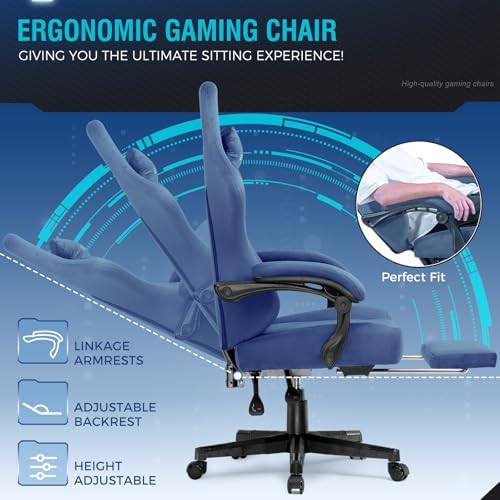GTPLAYER Gaming Chair Fabric with Pocket Spring Cushion, Big and Tall Gamings Chairs 350LBS High Back Computer Chair with Footrest for Adults Lumbar Support Swivel Game Chair for Office Gaming Blue - Image 6