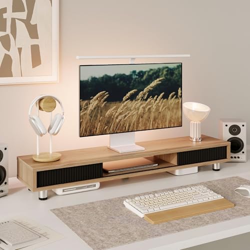 Fenge Dual Monitor Stand with Storage, Desk Shelf with Glass Sliding Door - Image 6