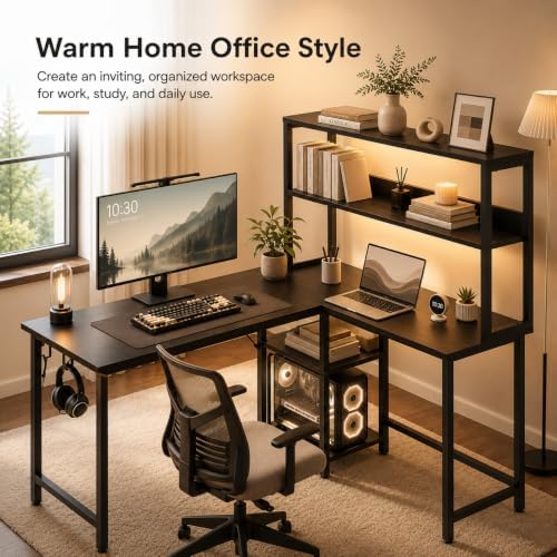 HealSmart L Shaped Desk Gaming Desk with LED Light & Power Outlet, 53 Inch Reversible Computer Table with Shelf & Storage Shelves & Hook, Corner Desk for Home Office, Black - Image 7