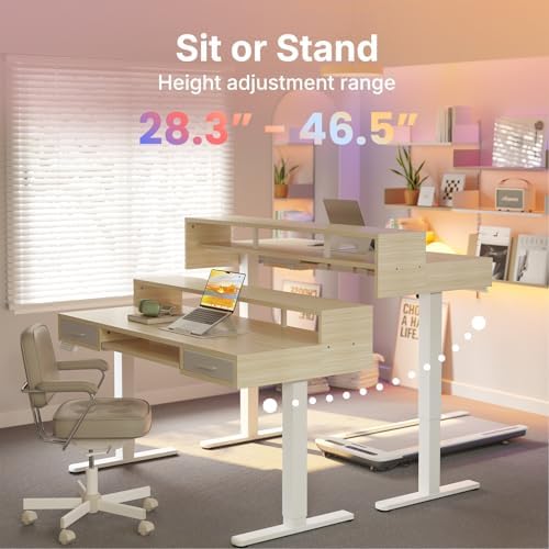 HUANUO 55″ x 26″ Electric Standing Desk with 2 Drawers &24.4″ Large Keyboard Tray, C-Clamp Mount Compatible, Adjustable Computer Desk for Office, Sit Stand Up Desk with 4 Height Presets, Light Walnut - Image 6