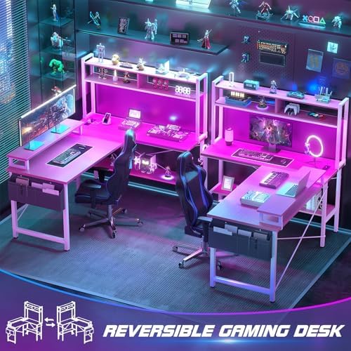 Aheaplus L Shaped Gaming Desk with Power Outlets & LED Lights, Pink - Image 7