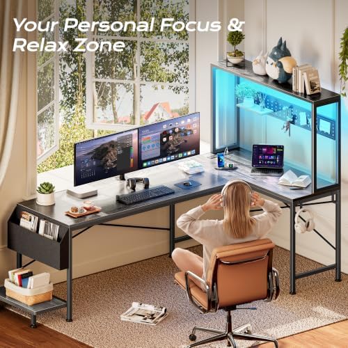 PRAISUN L Shaped Gaming Desk with LED Lights & Power Outlets - Image 6