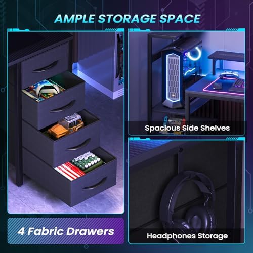 51in Gaming Computer Desk with Drawers & Power Outlet & LED Lights, Black - Image 6