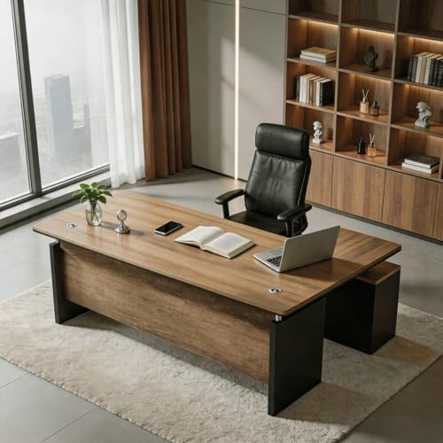 63 Inch L-Shaped Executive Desk Set of 2, Industrial Modern Wood Office Desk with 3 Drawers, Built-in Cable Management & Power Outlet, Real Wood Finish, Reversible Left/Right Return Home Workstation - Image 6