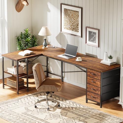 Huuger 63 Inch L Shaped Desk with Fabric Drawers, Computer Office Desk with Power Outlets and USB-C Port, Corner Desk with Storage Shelves, Work Study Home Office, Reversible, Rustic Brown - Image 6