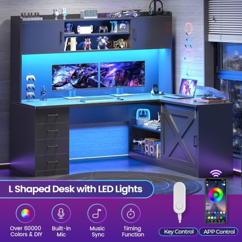 SEDETA Farmhouse L Shaped Gaming Desk, 55” Corner Computer Desk with Storage Drawers and Hutch, Corner Gaming Desk with LED Light and Power Outlet for Home Office, Black - Image 6