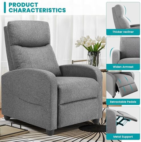 Sweetcrispy Recliner Chair Fabric Recliner Sofa No Massage, Home Theater Seating with Lumbar Support, Adjustable Push Back Overstuffed High-Density Sponge Reclining for Living Room, Grey - Image 6