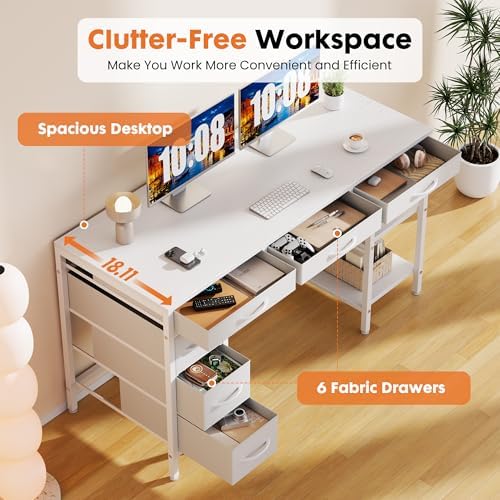 Sweetcrispy 55" Computer Desk with 6 Fabric Drawers & Storage Shelves - Image 6