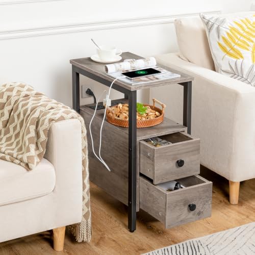 HOOBRO End Table with Charging Station, Narrow Side Table with 2 Drawers & USB Ports & Power Outlets, Nightstand for Small Spaces, Bedroom, Living Room, Stable and Sturdy, Greige and Black BG541BZ01 - Image 6